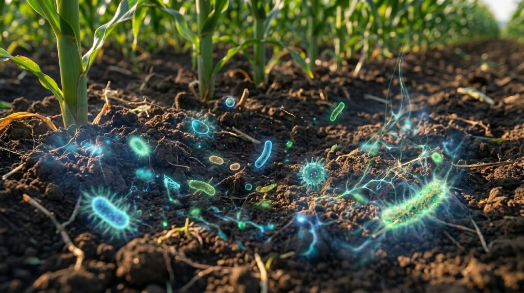 Microorganismos benéficos en el suelo agrícola contribuyendo a la biorremediación y recuperación de la salud del suelo.